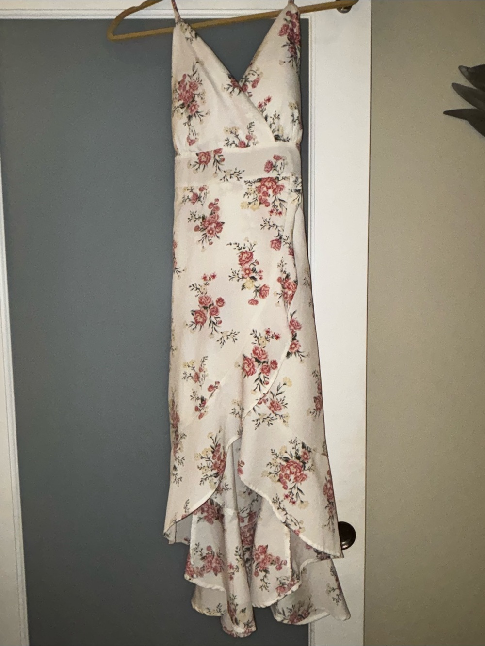 No Boundaries Cream High-Low Floral Wrap Dress with Pink Rose Print